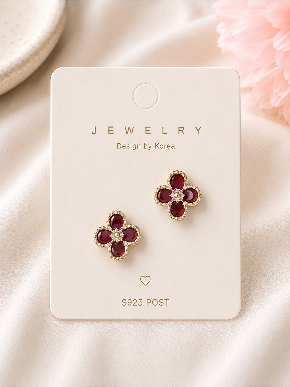 Gold Floral Clover Stud Earrings with Burgundy Petals -